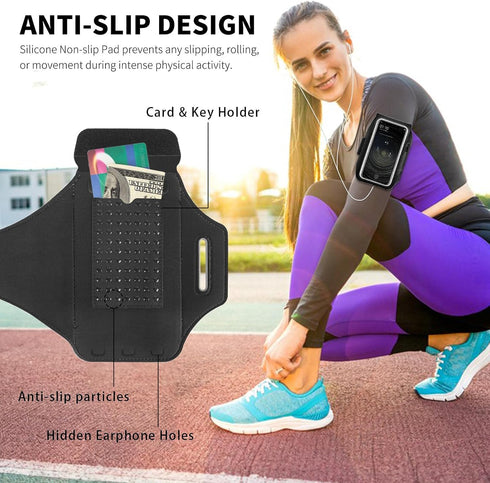 Running Armband with Earphone Bag Cell Phone Armband for iPhone 16/15/14/13/12 Pro, Galaxy S21/S20, Water Resistant Sports Phone Holder & Zipper S...