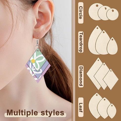 wexpw 320 Pieces Unfinished Wooden Earrings Blank Wood for Earring Pieces 4 Shapes for Wooden Earring with 100pcs Earring Hooks &100pcs Jump Rings...