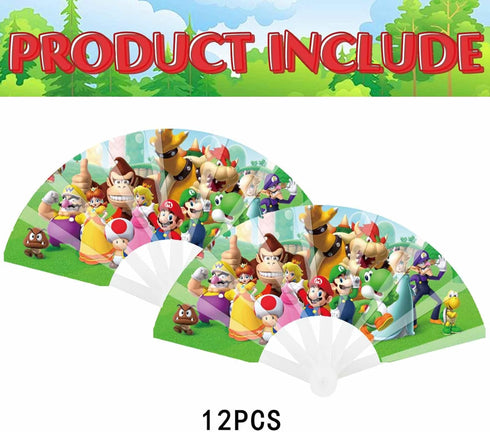 12 PCS Handheld Super Brother Plastic Folding Fans - Super Brother Foldable Fans Super Video Game Themed Party Supplies for Kids Boys Girls Birthd...