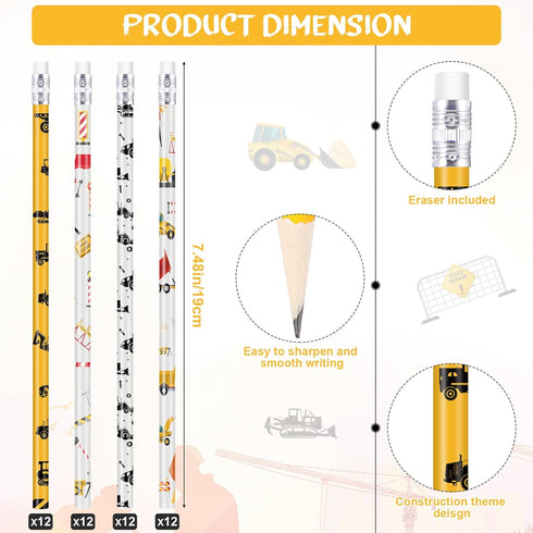 Teling 48 Pcs Construction Theme Pencil for Kids Excavators Themed Party Favors Assorted Bulldozer Blender Wood Pencils with Eraser Back to School...