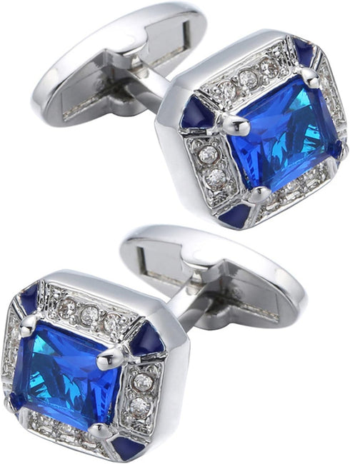 Rectangle Crystal Silver Tone Cufflinks for Men Purple/Blue/Transparent Crystals Men's Cuff Link Set for Wedding Shirt Party Business Birthday Ann...