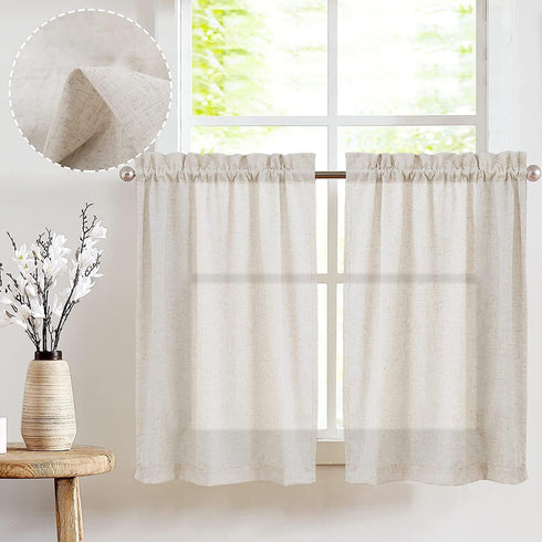 jinchan Beige Kitchen Curtains Linen Tier Curtains 24 Inch Farmhouse Cafe Drapes for Small Window Flax Country Rustic Rod Pocket Bathroom Laundry ...