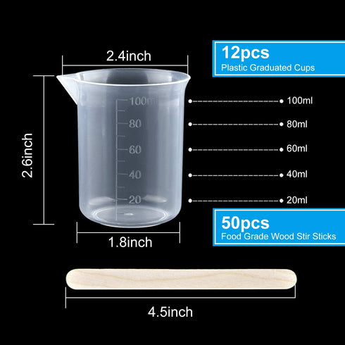 Coopay 12 Pack 100ml/3.4oz Plastic Beakers Epoxy Mixing Cups, Plastic Graduated Cups Clear Multipurpose Measuring Cups with 50 Pack Wooden Stirrin...