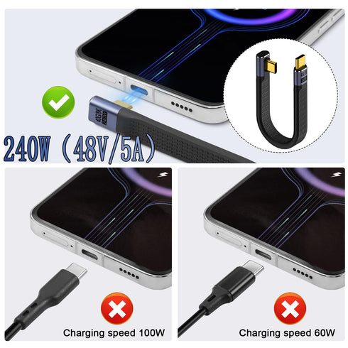 QIANRENON 40Gbps USB4.0 C Male to 90° Angle C Male Data Short Cable 240W USB Type C 4.0 PD Fast Charging Flat Flex Cable, for Thunderbolt 3/4 Smar...