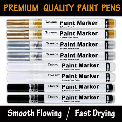 TZARROT White Paint Pen, 8 Pack 0.7mm Acrylic Paint Pens with 2 White 2 Black 2 Gold 2 Silver Permanent Marker for Wood Rock Fabric Metal Plastic ...
