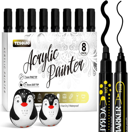Black Paint Marker, 8 Pack Dual Tip Acrylic Paint Pens, Ideal for Wood, Rock Painting, Canvas, Stone, Glass, Ceramic...