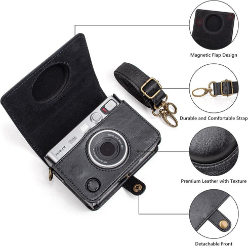 Mini EVO Camera Case, Vintage Leather Case Compatible with Fujifilm Instax Mini EVO, Fuji Instax Mini EVO Cover with Adjustable Strap - Black...