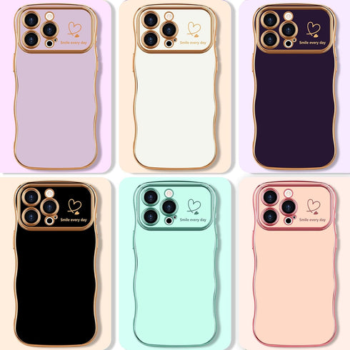 LCHULLE for iPhone 14 Pro Max Case for Women Girls, Cute Wave Frame Curly Shape with Love Heart Raised Camera Protection Cover Luxury Plating Shoc...