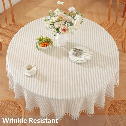 TruDelve Small Round Table Cloth 60 Inch Beige Striped Cloth Tablecloth Boho Fall Round Tablecloths for Outdoor Table Cover (Beige,60",Round)...