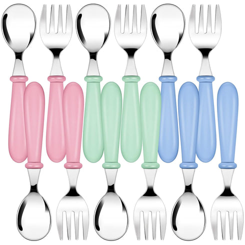 Honeydak 12 Pieces Toddler Utensils Kids Fork and Spoon Silverware Set colored Stainless Steel Safe Flatware Round Handle Utensils Baby Cutlery me...