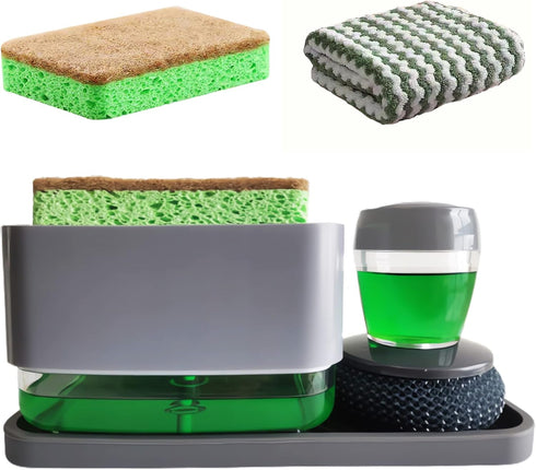 Kitchen Dish Soap Dispenser with Sponge Holder,Sink Countertop Organizer,4-in-1 Upgrade Set,Kitchenware Soap Dispenser Brush,Silicone Tray,Dishwas...