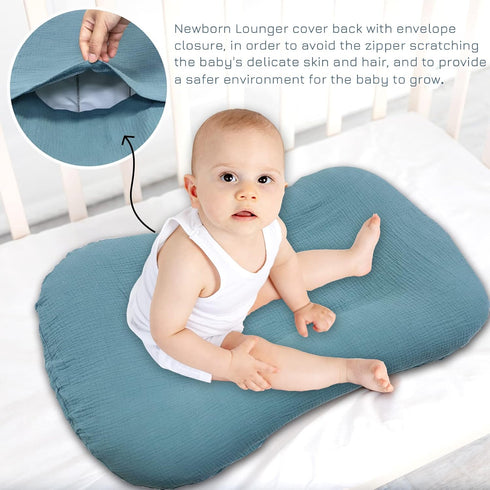 Muslin Baby Lounger Cover Soft Organic Cotton Slipcover Fits Newborn Lounger for Baby Boys and Girls (Blue)...
