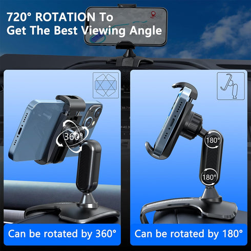 Car Dashboard Phone Clip Holder, 360° Rotating Dash Steering Wheel Cell Phone Clamp Mount Stand Compatible with 4-7 Inch Smartphones (Black)......