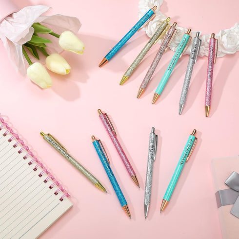 12 Pcs Quotes Sparkly Fancy Pen Inspirational Glitter Ballpoint Pen with Motivational Messages Cute Pens Metal Inspirational Metal Black Ink Pens(...