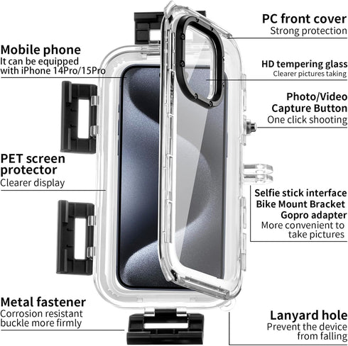 Waterproof Case for iPhone 14Pro/15Pro, Shockproof Anti-Dust Outdoor Sports Waterproof Phone Case Cycling Skiing Phone Case with Bike Mount Bracke...