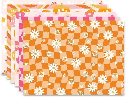 12 Sheets Boho Wrapping Paper Retro Groovy Gift Wrap Paper, Smiley Face Floral Daisy Pattern Wrapping Paper for Baby Shower Birthday Wedding DIY C...