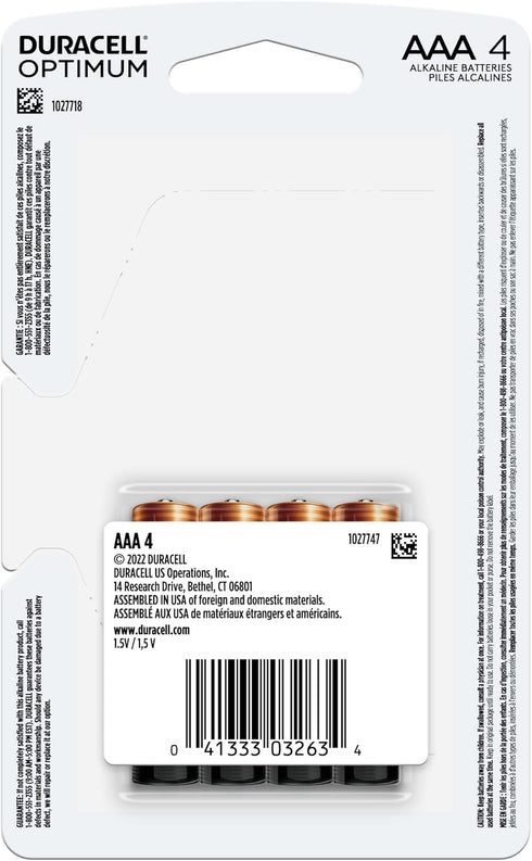 Duracell Optimum AAA Batteries with Power Boost Ingredients, 4 Count Pack Triple A Battery with Long-lasting Power, All-Purpose Alkaline AAA Batte...