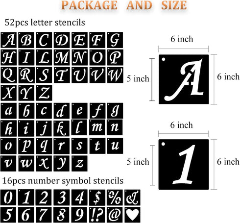 Alphabet Letter Stencils 5 inch, 68 Pcs Reusable Plastic Letter Number Symbol Stencil Kit for Painting on Wood, Wall, Fabric, Rock, Chalkboard, Si...