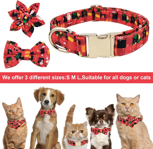 Christmas Dog Collar Bow Flower Tie Santa Stocking Pattern Dog Collar, Comfortable Adjustable Puppy Collars with Secure Metal Buckle for Small Med...