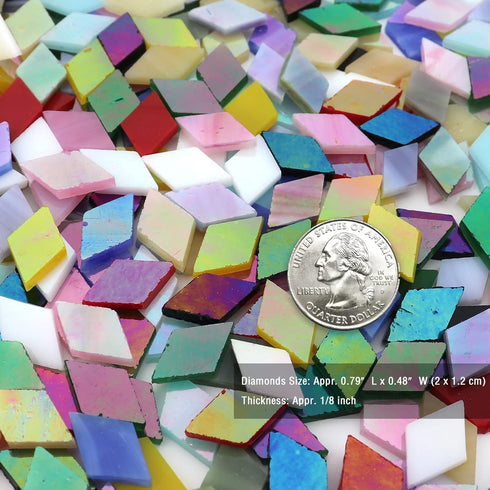 LITMIND Diamond Shaped Iridescent Glass Mosaic Tiles for Crafts Bulk, 0.79" x 0.48" Precut Mixed Colors Stained Glass Pieces, DIY Mosaic Making Su...
