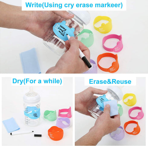 Baby Bottle Labels for Daycare, Durable Writable Reusable Food -Grade Silicone 6 Pack Baby Bottle Labels with Dry Erase Marker Foretoo...