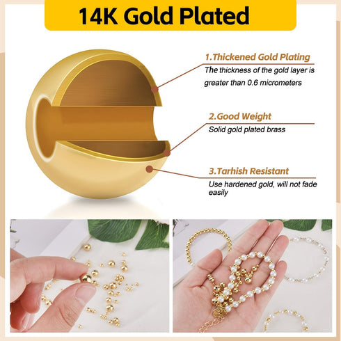 50Pcs 14K Gold Spacer Beads, 2/3/4/5/6/8mm Round Loose Beads for Jewelry Making, Small Smooth Beads Ball Beads Seamless Bead for DIY Bracelet Jewe...