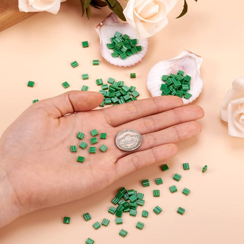 200Pcs Green Glass Seed Beads Tila Beads 2 Hole Flat Square Shaped Beads Loose Spacer Beads Waist Beads Kit for Crafts DIY Beading Summer Boho Jew...