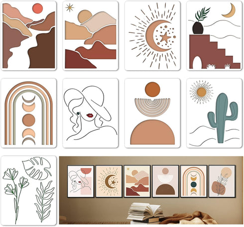 9PCS Sun Moon Painting Stencils, 8x10 Inch Abstract Boho Templates Mountain Landscape Drawing Stencils Minimalist Sunrise Themes Women Stencils fo...