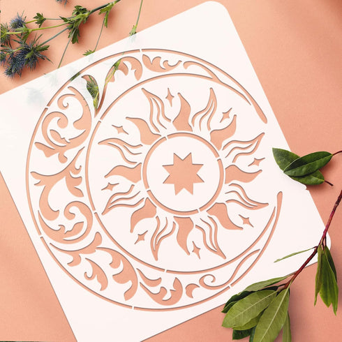 FINGERINSPIRE Large Sun and Moon Stencils 11.8x11.8 inch Stars Stencil Plastic Sun Moon Flower Pattern Stencil Reusable Mandala Sun Moon Stencils ...
