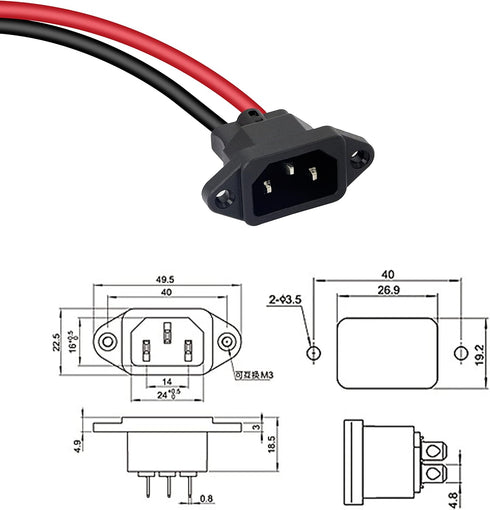 GELRHONR IEC 320 C14 Male 3 Pins Mount 10AWG AC Inline Plug Power Cord Panel Mount and 2 Open Wiring Stripped for Car/Home Appliances/PC - Black/R...