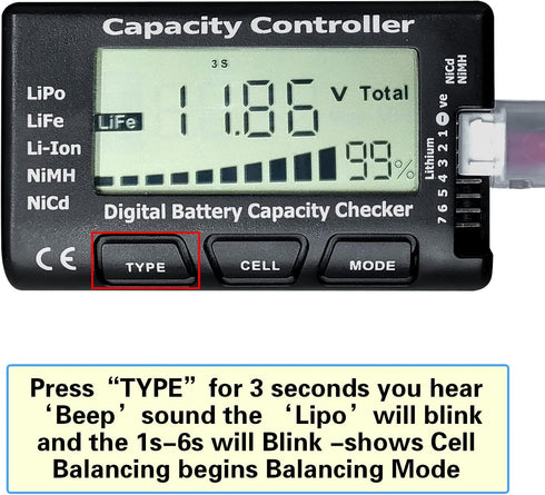 Battery Tester Digital Battery Capacity Checker Controller Tester Voltage Tester RC Cellmeter for LiPo/Life/Li-ion/NiCd/NiMH Battery Packs...