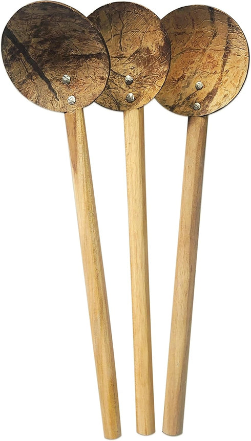 10"" Handmade Coconut Shell Spoon Set - 3-Pack, Strong Teak Wood Handle, Sustainable Srilankan Kitchen Utensils, Eco-Friendly Cooking Tools for He...