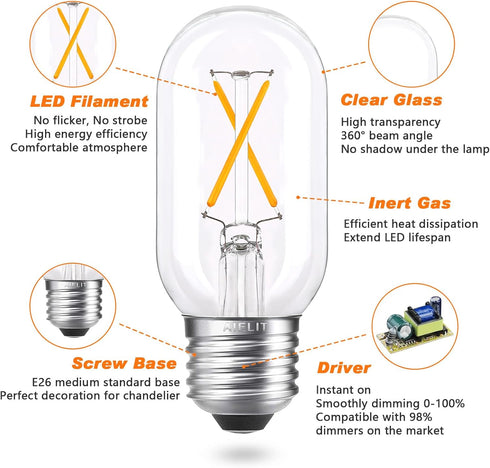 T45/T14 LED Bulb Dimmable, 2W Tubular Light Bulbs 25 Watt Equivalent, Vintage Filament Edison Bulb for Open Style Pendant Lights, E26 Medium Base,...