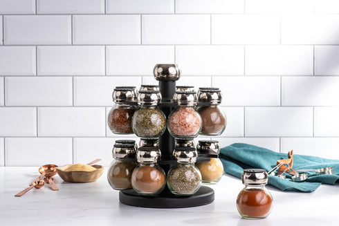 Olde Thompson Since 1944 Orbit Rotating Rack, 16 Refillable Spice Jars, Labeled Shaker Tops, 45, Black, Clear...