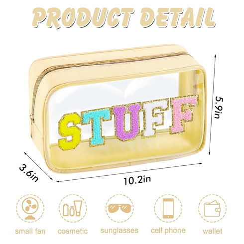 Chenille Letter Clear Makeup Bag Large Nylon Preppy Patch Stuff Cosmetic Bag with Zipper Travel Makeup Pouch Transparent PVC Waterproof Toiletry O...