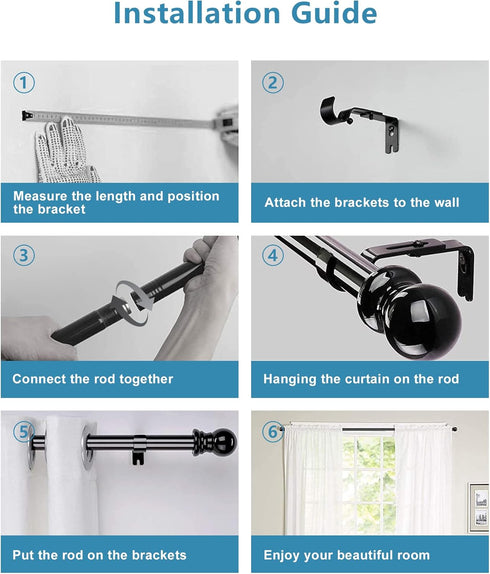 HOSKO Black Curtain Rod, 1-Inch Window Curtain Rods Set - Curtain Rods for Windows 30-84 Inches - Including Three Mounting Brackets...