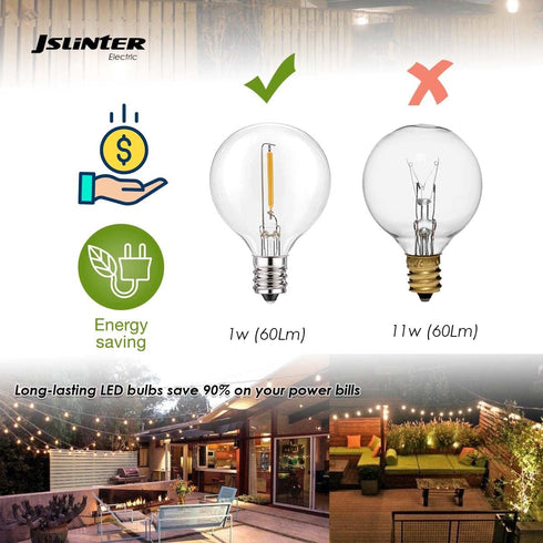 Jslinter 5000K Daylight G40 LED String Light Bulbs Replacement, 1W(11W Equivalent), 60LM, Shatterproof, E12 Screw Base, Vintage Edison Bulbs for P...