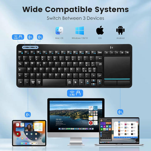 Multi-Device Wireless Bluetooth Keyboard with Touchpad-Wireless TV Keyboard with Multi-Touch Big Size Trackpad,Support 3 Devices for TV,Windows, A...