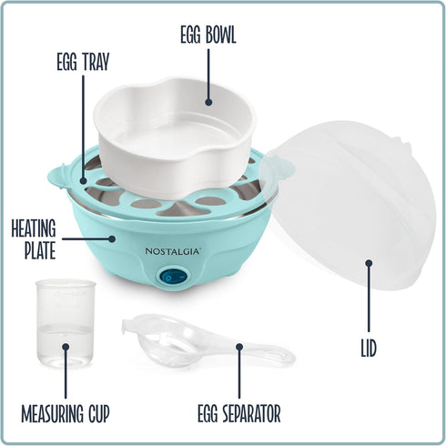 Nostalgia Retro Electric Large Hard-Boiled Egg Cooker, 7 Capacity, Poached, Scrambled, Omelets, Whites, Sandwiches, for Keto & Low-Carb Diets, Aqu...