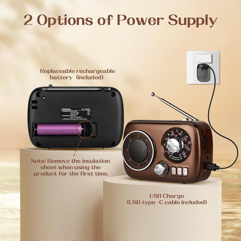 Gelielim Portable Radio AM FM, Bluetooth Speaker Retro Radio, Support USB/TF Card, Rechargeable Battery Operated, Suitable for Indoor&Outdoor, Gif...