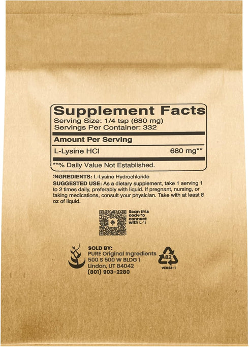 Pure Original Ingredients L-Lysine HCl (8 oz) Alpha Amino Acid, Non-GMO, Gluten-Free...