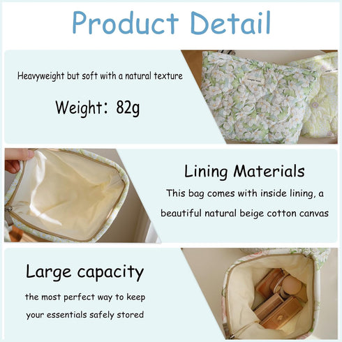 Quilted Floral Cotton Makeup Pouch,Coquette Quilted Cosmetic Bag for Women and Girls, Aesthetic Organizer Bag, Flower Cute Travel Toiletry Bags(01...