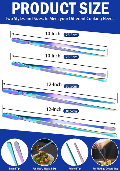 JETKONG 4 Pcs Kitchen Tweezers, 12'' and 10'' Stainless Steel Cooking Tweezers Set, High-Precision Tweezers Tongs for Cooking, Repairing, Seafood ...