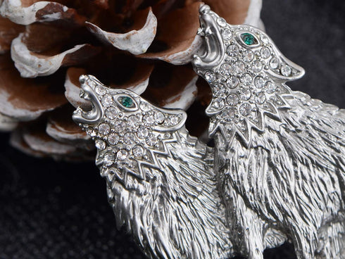 Alilang Silvery Tone Clear Rhinestones Emerald Green Eyes Howling Couple Wolves Animals Lapel Brooch Pin...