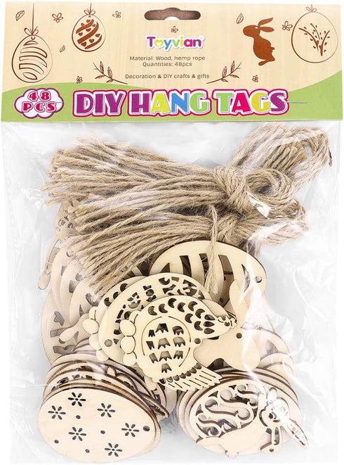 Wooden Eggs 48 Pieces Easter Crafts Wooden Ornaments Unfinished Crafts Hanging Embellishments for Party Supplies DIY Decor Valentines Day Cards fo...