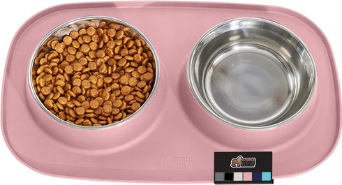 Gorilla Grip 100% Waterproof BPA Free Cat and Dog Bowls Silicone Feeding Mat Set, Stainless Steel Bowl Slip Resistant Raised Edges, Catch Water, F...