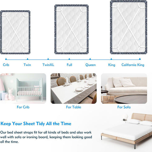 Bed Sheet Straps, 2Pcs Elastic Adjustable Bed Sheet Holder Straps, Fitted Sheet Straps to Hold Sheets in Place with Metal Clips, Sheet Holders for...