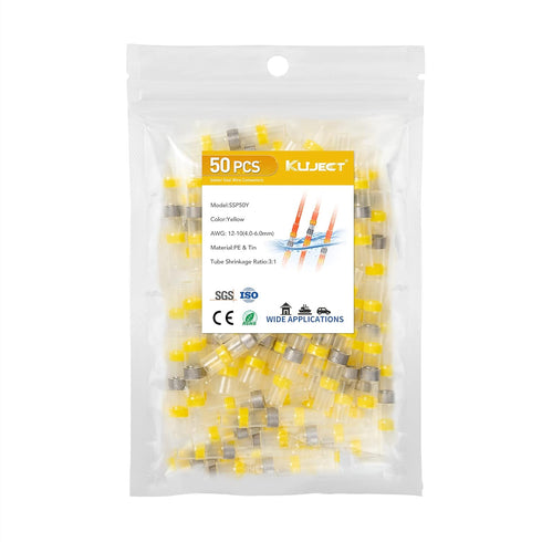 Kuject 50PCS Solder Seal Wire Connectors AWG 12-10, Yellow Solder Seal Heat Shrink Butt Connectors Terminals Solder Sleeve Waterproof Wire Splice ...