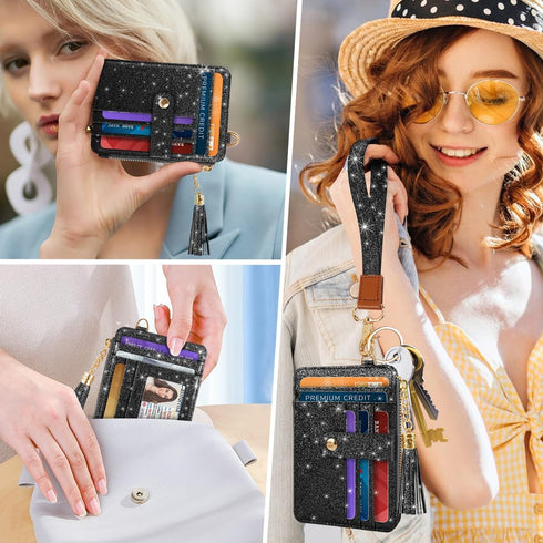 Slim Zipper Credit Card Holder with Keychain Wristlet Small RFID Glitter Leather Wallet with ID Window for Women,Black...