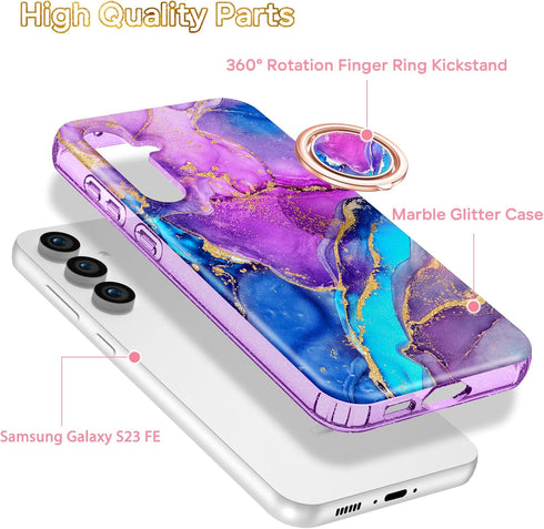 Hekodonk for Galaxy S23 FE 5G Case with Rotation Ring Kickstand Magnetic Car Mount Full Body Shockproof Protection Rugged Slim Marble Cover Case f...